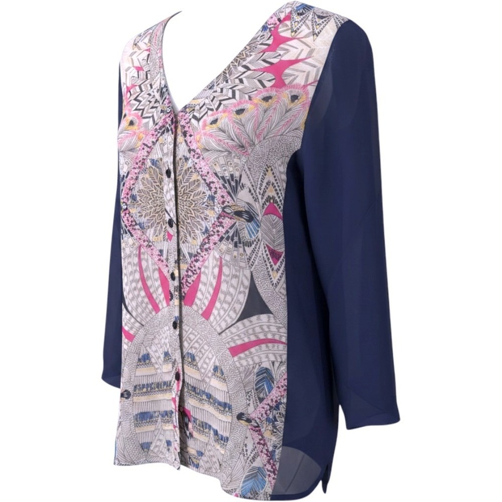 Jeans by Buffalo Womens Medium Blue Sheer Chiffon Boho Mixed Print Blouse Top